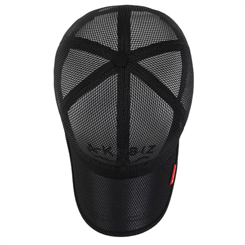 Top view of black breathable mesh golf snapback hat with quick-dry polyester and adjustable strap, featuring a stylish letter pattern.